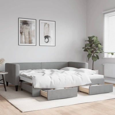 Daybed with Trundle and Drawers Light Grey Fabric