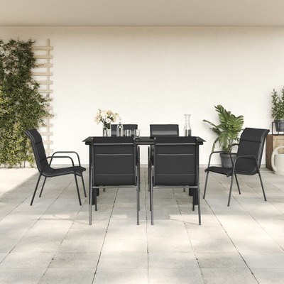 7 Pcs Garden Dining Set Black Steel and Textilene