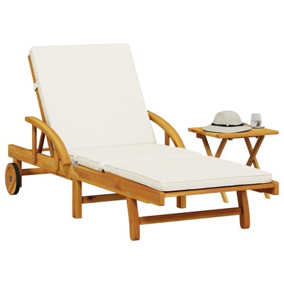 Sun Lounger with Cushion and Table-Solid Wood Acacia