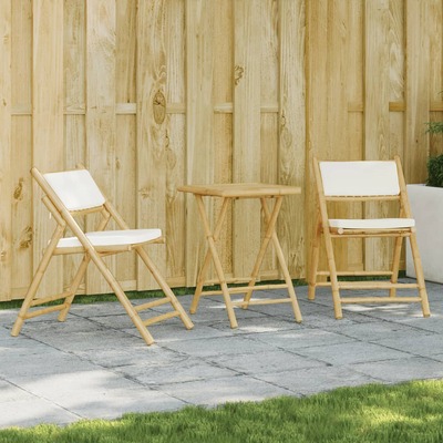 3 Pcs Folding Bistro Set with Cream White Cushions Bamboo