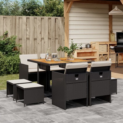 9 - Piece Garden Dining Set with Cushions Black Poly Rattan