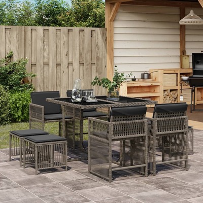 Elegance: 9-Piece Grey Poly Rattan Dining Set with Cushions