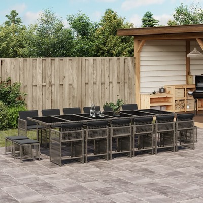 17-Piece Garden Dining Set with Cushions Grey Poly Rattan