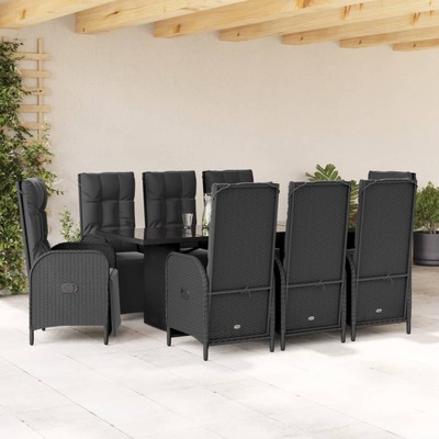 9-Piece Garden Dining Set with Cushions Black Poly Rattan