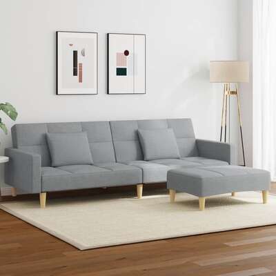 Modern 2-Seater Sofa Bed with Matching Footstool in Light Grey Fabric