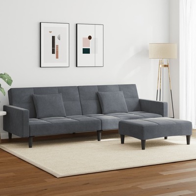 Luxurious 2-Seater Sofa Bed with Footstool  Dark Grey Velvet Elegance