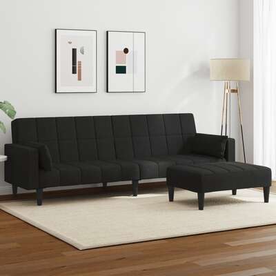 Stylish and Durable 2-Seater Sofa Bed with Footstool  Black Fabric