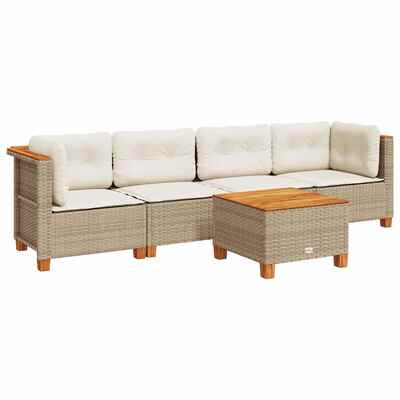 5 Piece Poly Rattan Sofa Set in Beige with Cushions Garden Luxury