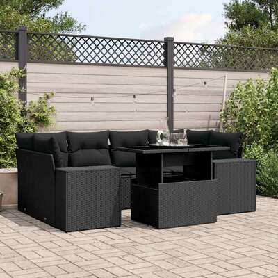 Elegant 7 Piece Garden Sofa Set in Black Poly Rattan with Soft Cushions