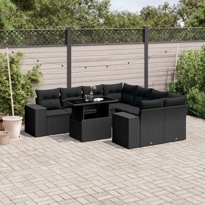 Stylish and Durable: 9-Piece Garden Sofa Set in Black Poly Rattan with Cushions