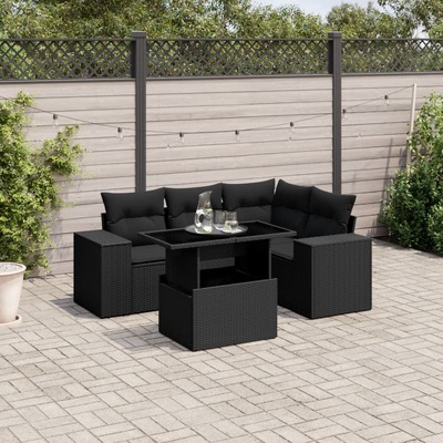 5-Piece Black Poly Rattan Garden Sofa Set and Cushions  Stylish Design