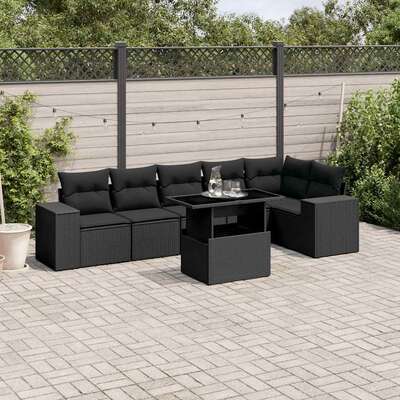 7-Piece Garden Sofa Set Featuring Plush Cushions and Sleek Black Poly Rattan