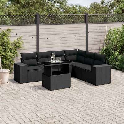 Elegant 7-Piece Garden Sofa Set with Cushions in Black Poly Rattan