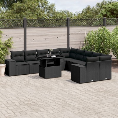 Elegant and Durable: 11-Piece Garden Sofa Set in Black Poly Rattan with Cushions 