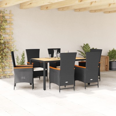 7 Pcs Garden Dining Set with Cushions Black Poly Rattan