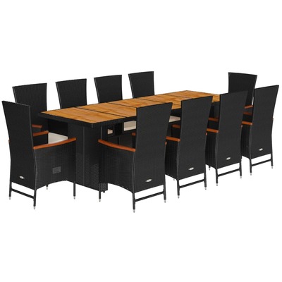 Stylish 11 Piece Black Poly Rattan Garden Dining Set with Cushions