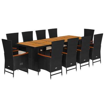 11 Piece Garden Dining Set with Cushions Furniture Black Poly Rattan