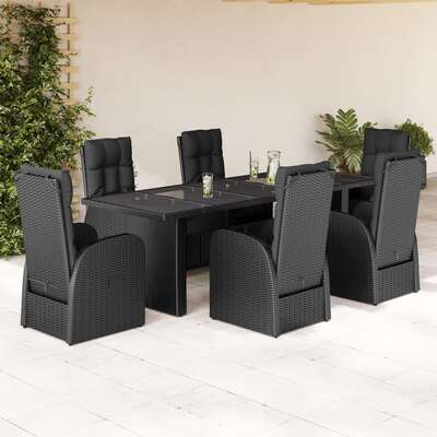 Garden Dining Set with Cushions Furniture - 7 Piece Black Poly Rattan