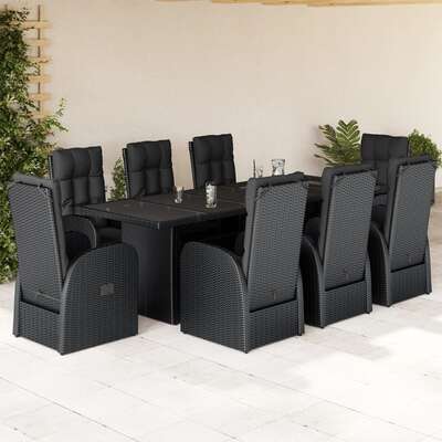 9 Piece Garden Dining Set with Cushions Furniture Black Poly Rattan