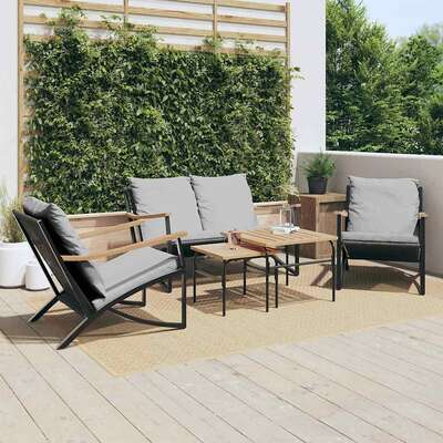 5-Piece Balcony Furniture Set in Black Steel with Cushions 