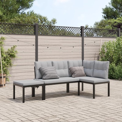 Sleek & Comfortable: 3-Piece Black Garden Bench Set with Cushions