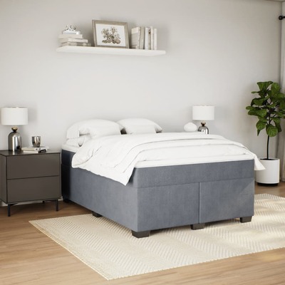 Dark Grey Velvet Queen Bed with Box Spring and Mattress for Stylish Sleep