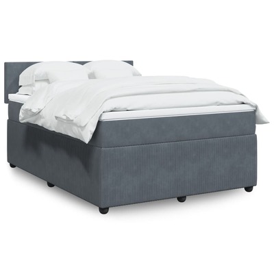 Elegant Dark Grey Double Velvet Box Spring Bed with Mattress