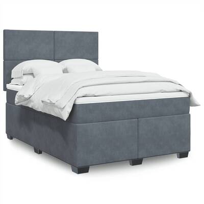 Luxurious Dark Grey Velvet Box Spring Bed with Mattress  Double Size