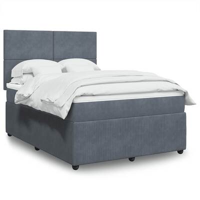 Stylish Double Velvet Box Spring Bed with Mattress in Dark Grey