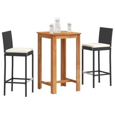 3 Pcs Garden Bar Set Black Solid Wood Acacia and Poly Rattan