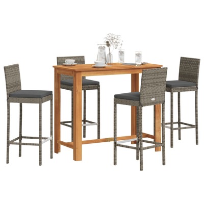 5-Piece Garden Bar Set Grey Solid Wood Acacia and Poly Rattan