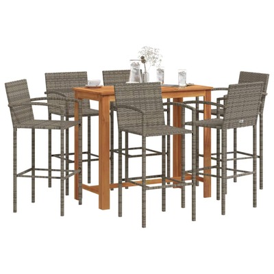 7 Piece Garden Bar Set Grey Solid Wood Acacia and Poly Rattan