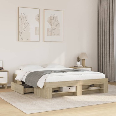 Elegant Sonoma Oak Engineered Wood Queen Bed Frame For Bedroom