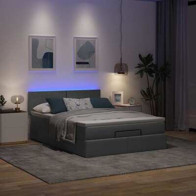 Elegant Ottoman Bed in Dark Grey with LEDs and Comfortable Mattress