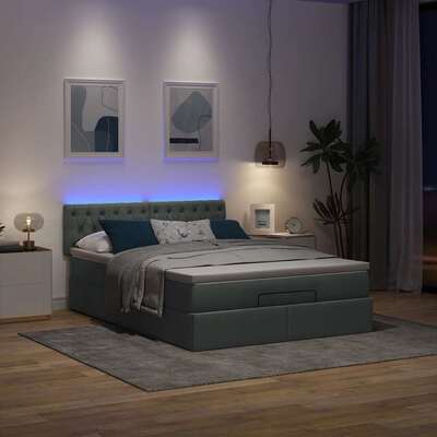 Ottoman Bed with Mattress & LEDs in Dark Grey Queen Fabric