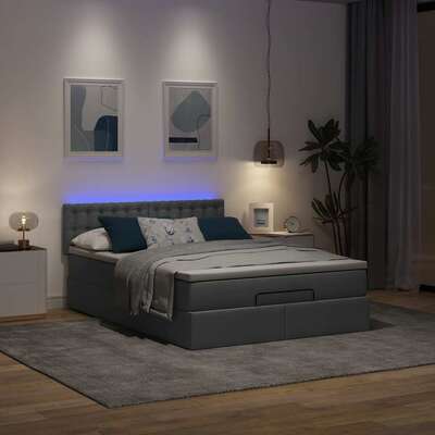 Elegant Ottoman Bed with Mattress & LEDs in Dark Grey Fabric  Queen Size