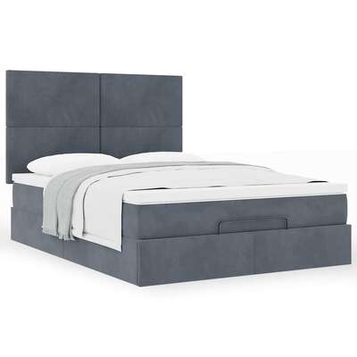 Dark Grey Velvet Ottoman Bed with Mattresses: Double-Sized