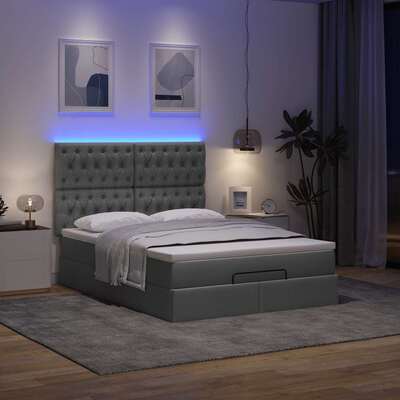 Elegant Ottoman Bed with LED Lighting, Mattress & Dark Grey Queen Fabric