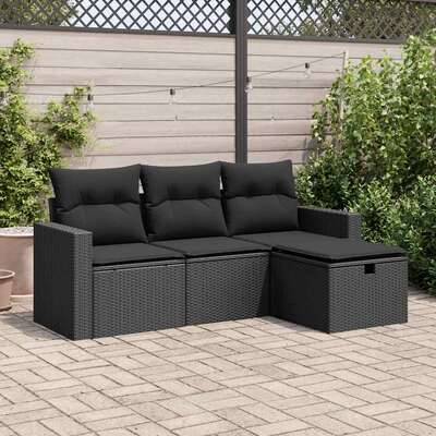 Garden Sofa Set with Cushions Modular Sofa 4 Piece Black Poly Rattan  - Relax in Style