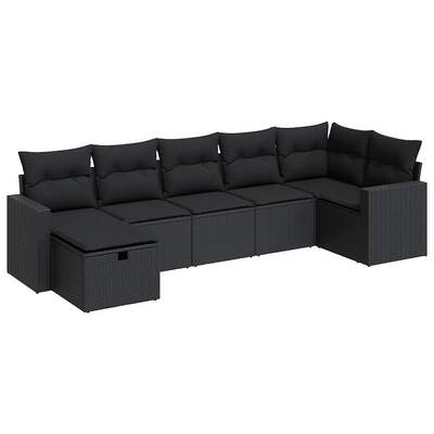 Garden Sofa Set with Cushions Modular Sofa 7 Pcs Black Poly Rattan - Elegant