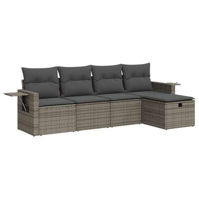 5 Pcs Garden Sofa Set with Cushions Grey Poly Rattan - Stylish & Durable