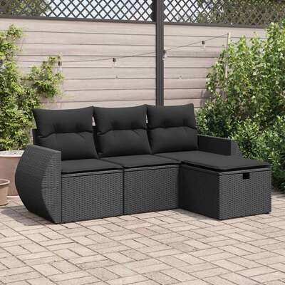 Stylish Garden Sofa Set with Cushions Modular Sofa 4 Piece Black Poly Rattan