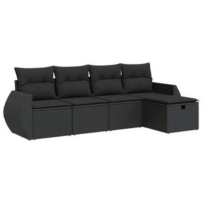 Garden Sofa Set with Cushions Modular Sofa 5 Piece - Black Poly Rattan