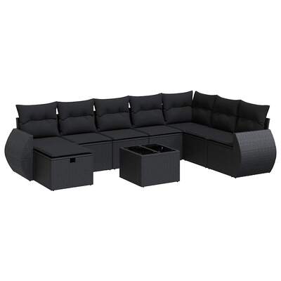 Elegant 9 Piece Garden Sofa Set with Cushions Black Poly Rattan