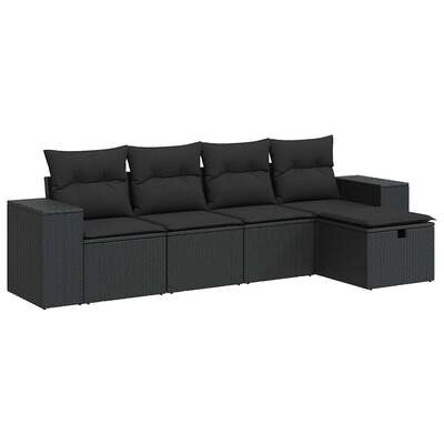 5 Piece Garden Sofa Set with Cushions Black Poly Rattan - Comfy & Chic