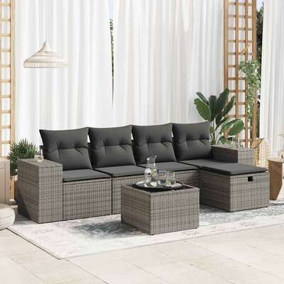 6 Piece Garden Sofa Set with Cushions Grey Poly Rattan  - Durable & Chic