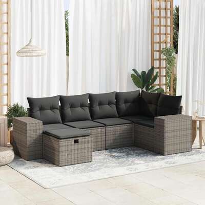 6 Pcs Garden Sofa Set with Cushions Grey Poly Rattan - Outdoor Comfort