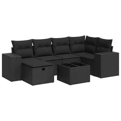 7 Piece Garden Sofa Set with Cushions Black Poly Rattan - Durable