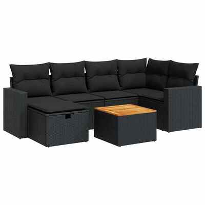 Garden Sofa Set with Cushions Modular Sofa 7 Piece Black Poly Rattan - Elegant