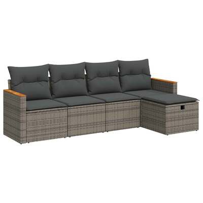 5 Piece Garden Sofa Set with Cushions Grey Poly Rattan - Durable